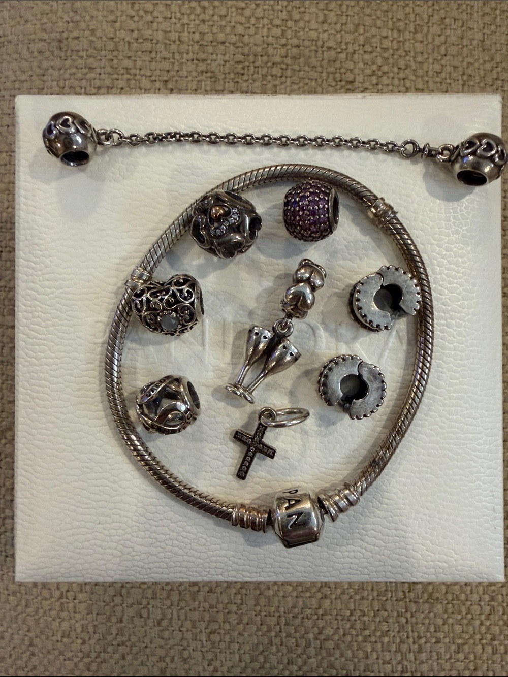 Pandora Sterling Silver Charm Bracelet with Cross and Decorative Beads. size: 7”
